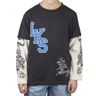 Ed Hardy Toddlers T-Shirt - Black - The Ed Hardy Toddlers T-Shirt is a Great T-shirt in what your kids will look ravishing. This shirt features original ED Hardy graphics,crew neck and pieced long sleeves that gives the layered look. 
