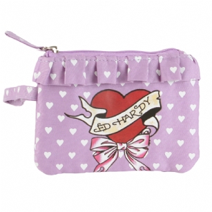 Ed Hardy Girls Fiona  Wristlet - Purple - A lovely heart pattern highlights this small Ed HardyFiona Wristlet. With a graphic print, thisWristlet is finished witha wrist strap and ruffled top. 