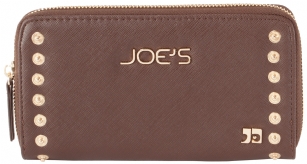 Joe's Jeans Casanova Zip Around Wallet With Studs - Brown - Carry your cash and cards in this classic Joe's Jeans Casanova Zip Around Wallet. Exterior Features Saffiano Vegan leather, Gold Snap Studs and Joe's Logo, Zip around closure, Interior features 8 credit card slots, 2 full length slip currency pockets, and a Center zippered coin pocket. This wallet offers storage for your currency and exceptional organization in sleek styling