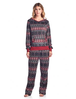 Ashford & Brooks Women's Mink Fleece Hoodie Pajama Set - Fair Isle Black - This Ashford & Brooks Women's Luxurious Long Sleeve Pajama Set is made out of durable ultra-soft 100% Polyester mink fleece fabric. It'll keep you cozy, warm, and comfortable during the cold winter days yet stylish at the same time. Pj's features; hooded night top, pull over closure, long sleeves, front kangaroo pocket, fun flirty printed patterns with contrast color knitted trim. Pajama pants with elasticized waist for easy pull on and added comfort, side seam pockets, approx. 30" inseam 11" rise, contrast color trim and drawstring bow tie closure. This Two piece comfort sleepwear PJ set offers a roomy relaxed fit perfect for sleeping or lounging around. Soft to touch feels great against skin, you will not want to get them off! Comes in Beautifully Gift Wrapped packaging. Get if on birthday, Christmas holiday for a fried, daughter, girlfriend, wife or someone you love.