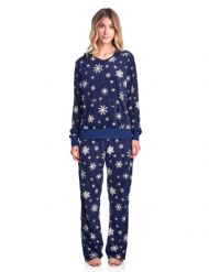Ashford & Brooks Women's Mink Fleece Hoodie Pajama Set - Navy Snow Flake