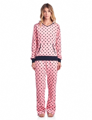 Ashford & Brooks Women's Mink Fleece Hoodie Pajama Set - Pink Black Dots - This Ashford & Brooks Women's Luxurious Long Sleeve Pajama Set is made out of durable ultra-soft 100% Polyester mink fleece fabric. It'll keep you cozy, warm, and comfortable during the cold winter days yet stylish at the same time. Pj's features; hooded night top, pull over closure, long sleeves, front kangaroo pocket, fun flirty printed patterns with contrast color knitted trim. Pajama pants with elasticized spandex waist for easy pull on and added comfort, side seam pockets, approx. 30" inseam 11" rise, contrast color trim and drawstring bow tie closure. This Two piece comfort sleepwear PJ set offers a roomy relaxed fit perfect for sleeping or lounging around. Soft to touch feels great against skin, you will not want to get them off! Comes in Beautifully Gift Wrapped packaging. Get if on birthday, Christmas holiday for a friend, daughter, girlfriend, wife or someone you love.