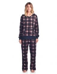 Ashford & Brooks Women's Mink Fleece Hoodie Pajama Set - Black White Plaid