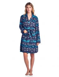 Ashford & Brooks Women's Sweater Fleece Printed Lounge Robe - Fairisle Moose Aqua