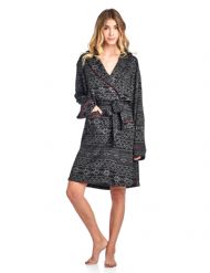 Ashford & Brooks Women's Sweater Fleece Printed Lounge Robe - Nordic Snowflake Black