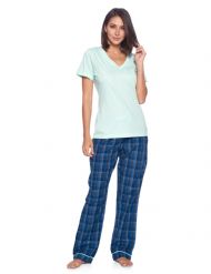 Ashford & Brooks Women's Woven Short Sleeve Jersey Top & Pajama Pants Set - Blue/Grey