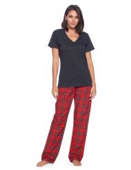 Ashford & Brooks Women's Woven Short Sleeve Jersey Top & Pajama Pants Set - Red/Black Stewart