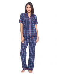 Ashford & Brooks Women's Woven Short Sleeve Shirt and Pajama Pants Set - Blue/Burgundy