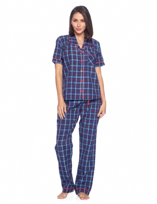 Ashford & Brooks Women's Woven Short Sleeve Shirt and Pajama Pants Set - Blue/Burgundy - Are you looking for a stylish, comfortable set of pajamas that is suitable for use all year long? Have you purchased womens clothing online before but were disappointed in the quality or fit and found that the images did not accurately portray the style? Get a perfect nights sleep when you wear this cozy, comfy pajamas set. The short sleeve sleep top, and matching pajamas pants are tailor-made for women that want to lounge and sleep in total comfort without sacrificing their style. This posh sleepwear is an excellent gift idea for Christmas, Hanukkah, Birthdays, Anniversaries, Mothers Day, Valentines Day, and more! Product Features: Made from a luxurious, shrink-resistant 60% cotton/40% polyester blend Yard-dyed CVC fabric will hold its color and shape for years Soft, comfortable, moisture-wicking fabric suitable for all the seasons Perfect roomy fit - not too baggy or too tight, it fits just right V-neck notch collar with full button-down closure Buttons will stay buttoned and attached unlike cheaper brands Chest pocket and pants pockets to hold a cellphone and other essentials Always accurate sizing and unparalleled quality Matching Mens Collection so you can match with your significant other Its available in a variety of chic designs and sizes (ranging from Small to XX-Large). Theres sure to be one that catches every womans eye. Getting to Know Ashford & Brooks! Ashford & Brooks prides itself on creating fashionable, high-quality sleepwear and loungewear for women, men, and kids. Their dedicated in-house team of designers creates clothes and accessories that are trendy and ultra-comfy. Theyre breaking the mold when it comes to functional sleepwear and loungewear.