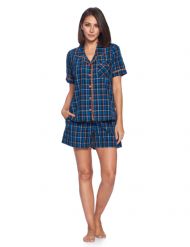 Ashford & Brooks Women's Woven Short Sleeve Pajama Shorts Set - Black/Blue/Plaid