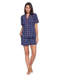 Ashford & Brooks Women's Woven Short Sleeve Pajama Shorts Set - Blue/Burgundy