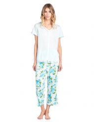 Casual Nights Women's Fancy Short Sleeve Floral Capri Pajama Set - Green