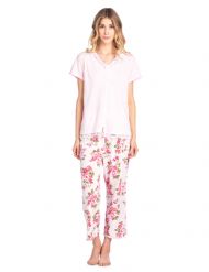 Casual Nights Women's Fancy Short Sleeve Floral Capri Pajama Set - Pink