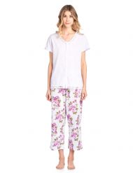 Casual Nights Women's Fancy Short Sleeve Floral Capri Pajama Set - Purple
