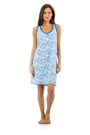 Casual Nights Women's Cotton Sleeveless Nightgown Chemise - Blue - You'll love slipping into This Women's Cotton Sleeveless Nightgown Shirt from Casual Nights thats made of a 100% breathable soft cotton fabric which feels great to touch and even greater to wear. Sleep nightshirt features; Beautiful flower prints and designs, scoop neck, sleeveless, front bow accent, flirty length measures Approx. 35" inches from shoulder to hem. Wear it alone or with pajama shorts or pants. Excellent gift idea for any occasion. 
