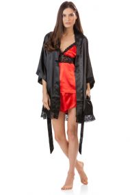 Ashford & Brooks Women's 3 Piece Satin Robe and Pajama Set - Black/Red