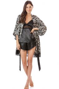 Ashford & Brooks Women's 3 Piece Satin Robe and Pajama Set - Leopard/Black