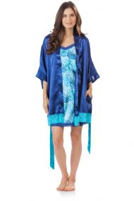 Ashford & Brooks Women's 2 Piece Satin Robe and Nightie Set - Royal Blue/Tropical Aztec
