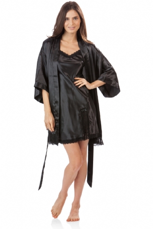 Ashford & Brooks Women's 2 Piece Satin Robe and Nightie Set - Black/Black - This Women's Chemise Nightgown Robe Set from Ashford & Brooks is made out of an exceptionally lightweight silky poly fabric offering an ultra comfortable yet flattering fit. Kimono Bathrobe features: lace trim detail, 3/4 sleeves, side seam pockets, matching self-tie belt and attached inner tie, approx. 34" from shoulder to hem. Babydoll nightgown features: lace trim applique, Side slit with lace and bow accent, adjustable spaghetti straps, mid thigh length approx. 30.5" inches excluding straps. Effortless design perfect for lounging around, relaxing or just layering on. This 2 piece set is a great option for those who want something a little lighter and sexier!