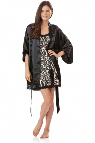 Ashford & Brooks Women's 2 Piece Satin Robe and Nightie Set - Black/Leopard - This Women's Chemise Nightgown Robe Set from Ashford & Brooks is made out of an exceptionally lightweight silky poly fabric offering an ultra comfortable yet flattering fit. Kimono Bathrobe features: lace trim detail, 3/4 sleeves, side seam pockets, matching self-tie belt and attached inner tie, approx. 34" from shoulder to hem. Babydoll nightgown features: lace trim applique, Side slit with lace and bow accent, adjustable spaghetti straps, mid thigh length approx. 30.5" inches excluding straps. Effortless design perfect for lounging around, relaxing or just layering on. This 2 piece set is a great option for those who want something a little lighter and sexier!
