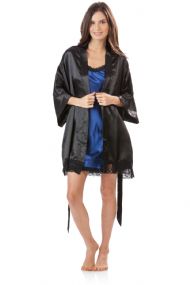 Ashford & Brooks Women's 2 Piece Satin Robe and Nightie Set - Black/Royal Blue