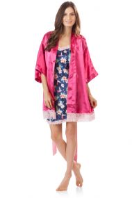 Ashford & Brooks Women's 2 Piece Satin Robe and Nightie Set - Fuschia/Hibiscus Nightingale