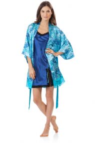 Ashford & Brooks Women's 2 Piece Satin Robe and Nightie Set - Aztec Palm/Royal Blue