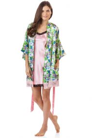 Ashford & Brooks Women's 2 Piece Satin Robe and Nightie Set - Tropical Parrot/Pink
