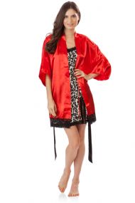 Ashford & Brooks Women's 2 Piece Satin Robe and Nightie Set - Red/Leopard