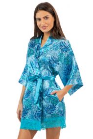 Ashford & Brooks Women's Satin Lace Short Kimono Robe - Aztec Palm