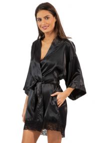 Ashford & Brooks Women's Satin Lace Short Kimono Robe - Black