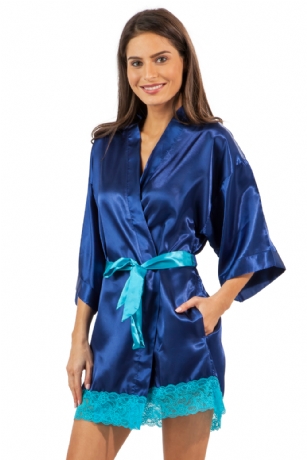 Ashford & Brooks Women's Satin Lace Short Kimono Robe - Royal Blue - This Elegant Women's Printed Satin Short Kimono Robe from Ashford & Brooks is made out of an exceptionally lightweight silky poly fabric offering an ultra comfortable yet flattering fit. Bathrobe features: lace trim detail, 3/4 sleeves, side seam pockets, matching self-tie belt and attached inner tie. Measures approx. 34" from shoulder to hem. Effortless design perfect for lounging around, relaxing or just layering on. This night robe is a great option for those who want something a little lighter and sexier.