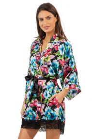 Ashford & Brooks Women's Satin Lace Short Kimono Robe - Floral