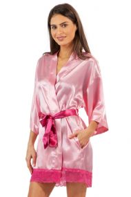 Ashford & Brooks Women's Satin Lace Short Kimono Robe - Pink