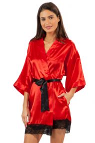 Ashford & Brooks Women's Satin Lace Short Kimono Robe - Red