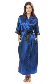 Ashford & Brooks Women's Satin Lace Long Kimono Robe - Royal Blue