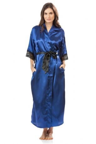 Ashford & Brooks Women's Satin Lace Long Kimono Robe - Royal Blue - This Elegant Women's Printed Satin Long Kimono Bathrobe from Ashford & Brooks is made out of an exceptionally lightweight silky poly fabric offering an ultra comfortable yet flattering fit. Features: lace trim detail, 3/4 sleeves, side seam pockets, 2 side slits with bow accent, black self-tie belt at waist and attached inner tie, and Measures approx. 53" from shoulder to hem. Effortless design perfect for lounging around, relaxing or just layering on. This night robe is a great option for those who want something a little lighter and sexier.