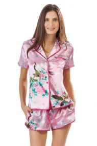 Ashford & Brooks Women's Satin Short Sleeve Pajama Shorts Set - Peacock Blush