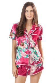 Ashford & Brooks Women's Satin Short Sleeve Pajama Shorts Set - Peacock Dark Fuschia