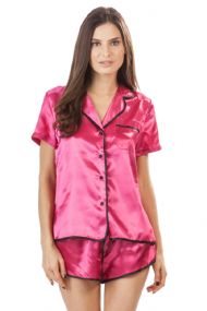 Ashford & Brooks Women's Satin Short Sleeve Pajama Shorts Set - Fuschia