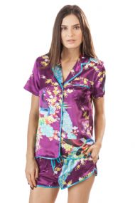 Ashford & Brooks Women's Satin Short Sleeve Pajama Shorts Set - Peacock Grape