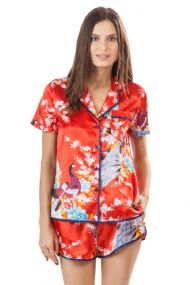 Ashford & Brooks Women's Satin Short Sleeve Pajama Shorts Set - Peacock Red