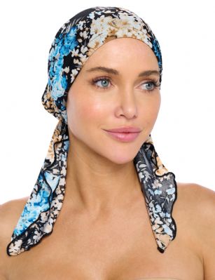 Ashford & Brooks  Women's Pretied Printed Fitted Headscarf Chemo Bandana - Ditsy Black/Blue - Fashionable, beautiful and comfortable Pre-tied Fittted Bandana from Ashford & Brooks, No tying skills required- just slip it on and go. Unique printed design to fit your style, elastic back with inner black lining for secure fit. These headscarves are ideal for alopecia and chemotherapy cancer patients because they are easy to use, soft and provide full head coverage.