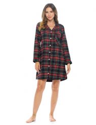 Ashford & Brooks Women's Flannel Plaid Sleep Shirt Button Down Nightgown - Black Stewart