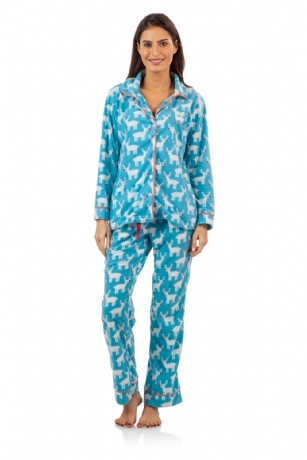 Ashford & Brooks Women's Minky Micro Fleece Button Up Pajama Set - Blue / White - This Ashford & Brooks Women's Luxurious Long Sleeve Pajama Set is made out of durable ultra-soft 100% Polyester micro fleece fabric. It'll keep you cozy, warm, and comfortable during the cold winter days yet stylish at the same time. Pj's features; Notch collar Sleep Shirt with full button down closure, long sleeves, approx. 25.5" from shoulder to hem, chest slip pocket, printed patterns with contrast color piping. Pajama pants with elasticized waist for easy pull on and added comfort, side seam pockets, approx. 30" inseam 11" rise, contrast color trim and drawstring bow tie closure. This Two piece comfort sleepwear PJ set offers a roomy relaxed fit perfect for sleeping or lounging around. Soft to touch feels great against skin, you will not want to get them off! Comes in Beautifully Gift Wrapped packaging.