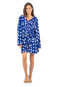 Ashford & Brooks Women's Plush Coral Fleece Zip Up Hooded Robe - Navy White