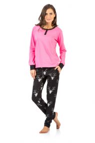 Ashford & Brooks Women's Cotton Henley with Sweater Fleece Pants Pajama Set - Pink Black