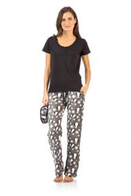 Ashford & Brooks Women's Cotton Top Eye mask & Coral Fleece Pants Pajama Set - Black Charcoal