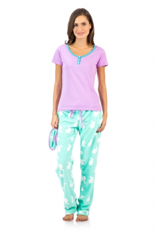 Ashford & Brooks Women's Cotton Top Eye mask & Coral Fleece Pants Pajama Set - Lavender Aqua - This Ashford & Brooks Women's Short Sleeve Knitted Cotton Top Jersey Shirt and Coral Fleece Eye Mask & pants Sleepwear Pajama Set is made from durable ultra-soft 100% Cotton and 100% Polyester Coral Fleece fabric that will keep you cozy, warm, and comfortable and stylish at the same time. The Pajama Set includes a solid Color round neck Jersey Knit Cotton Sleep shirt and 3 button closure, a Pretty matching coral fleece night eye mask and plush Sleep pants featuring side seam pockets, approx. 30" inseam length, Inner plush Elastic waistband for easier pull on and added comfort with contrast color drawstring bow tie closure. This Two-piece Lounge set offers a roomy relaxed fit perfect for sleeping or lounging around. Supper Soft to the touch and feels great against skin, you will not want to get them off! A great holiday Gift or any occasion, Comes in Beautifully Gift Wrapped packaging. 