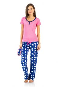 Ashford & Brooks Women's Cotton Top Eye mask & Coral Fleece Pants Pajama Set - Pink Navy